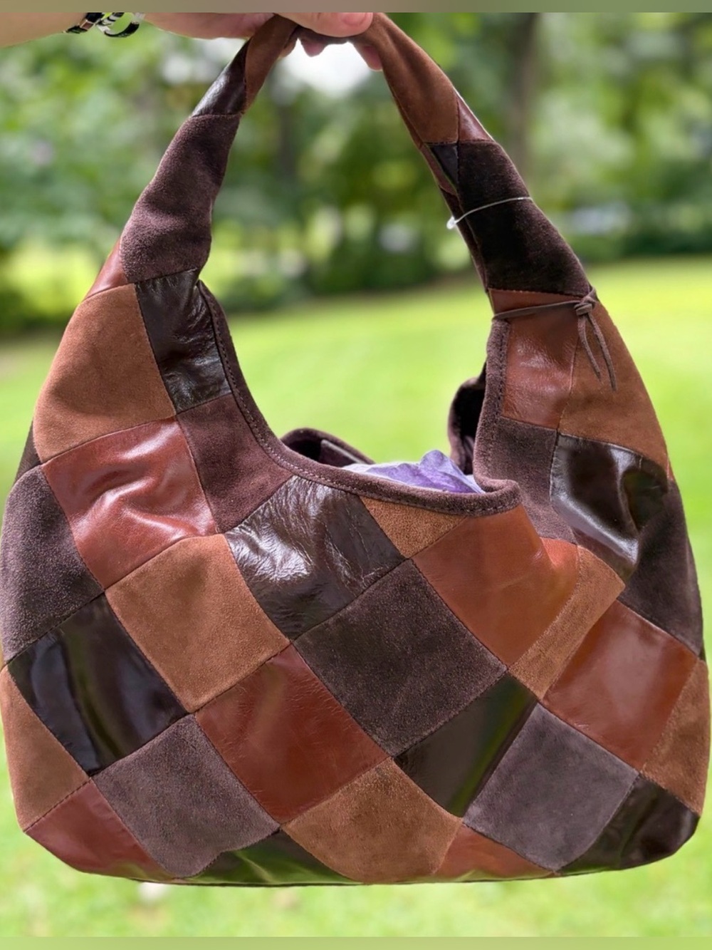 NWT Fall Patchwork Large Leather Suede Hobo Bag Brown Multi